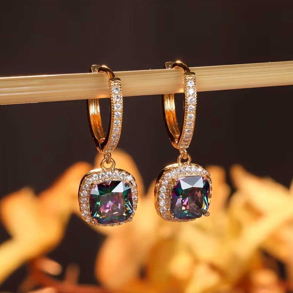 NEW 14k Gold Mystic Topaz Sapphire Diamond Hoop Earrings - Picture 4 of 5